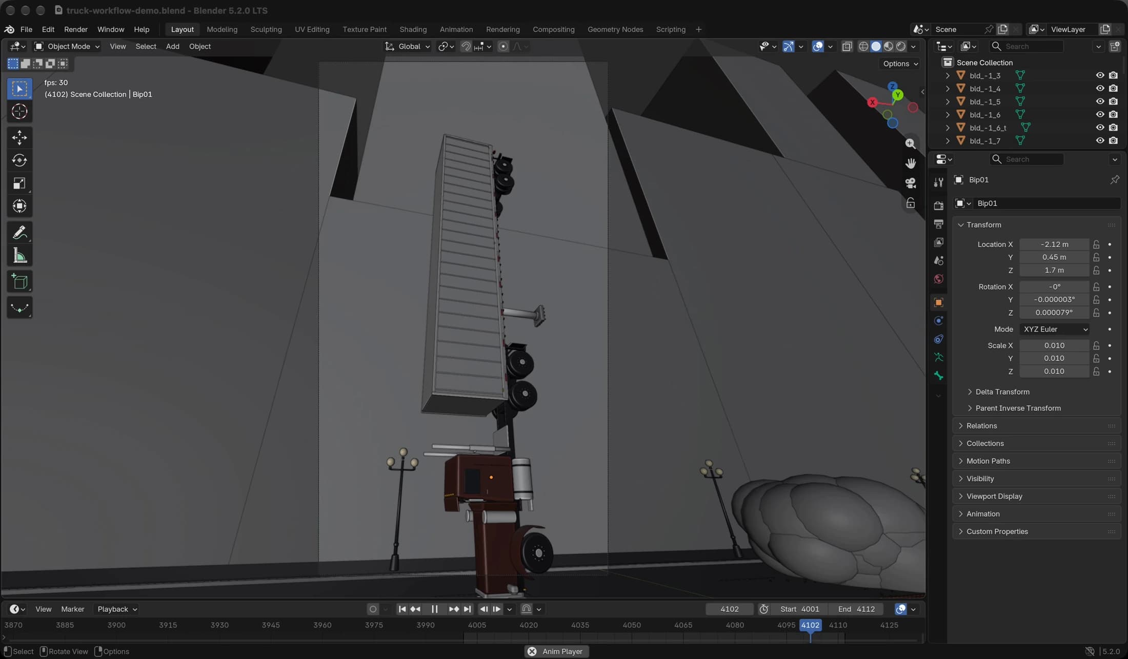 The actual truck-flip scene in Blender, with the truck, road, camera frame and timeline visible.