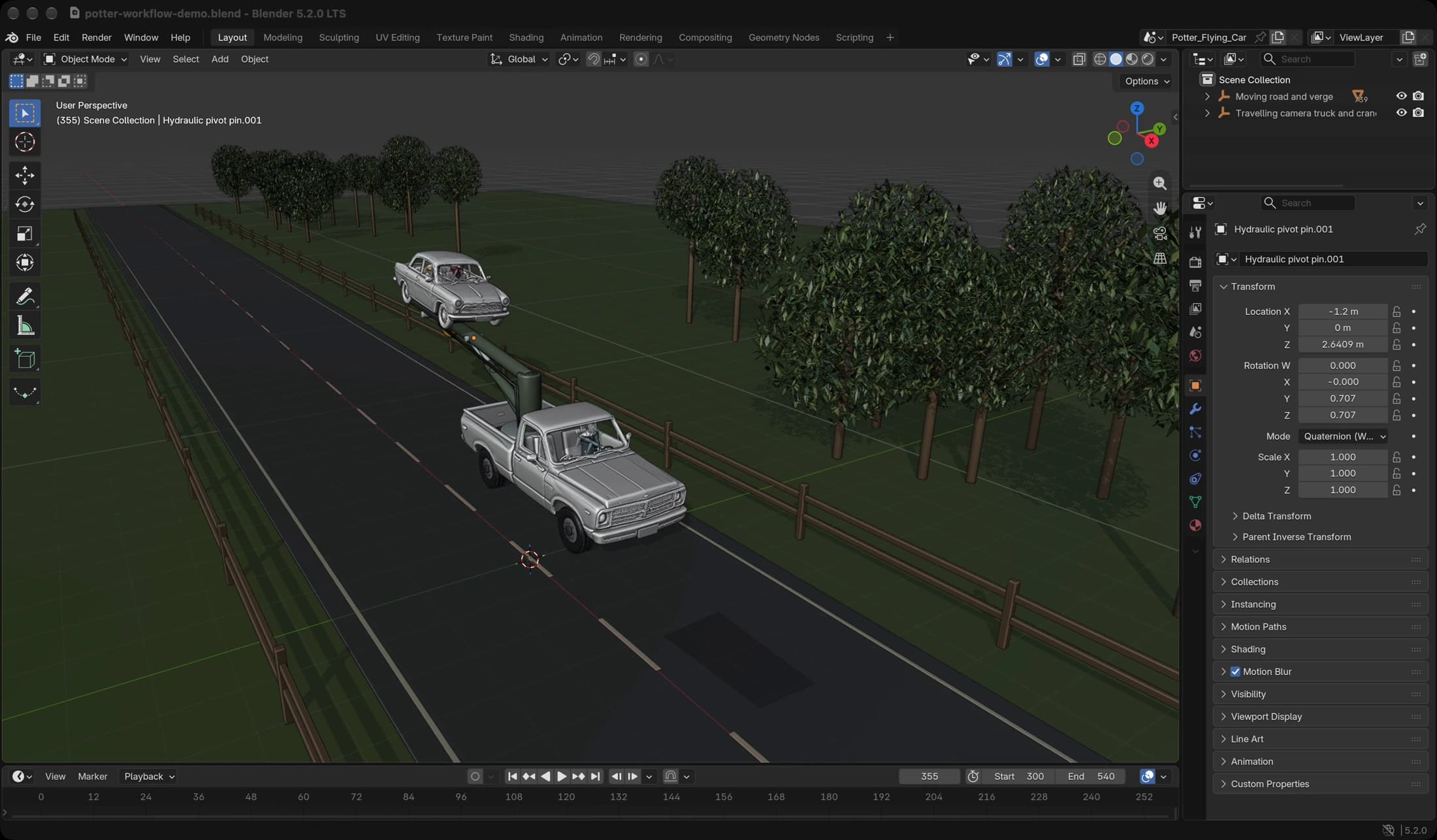 Our corrected Blender flying-car scene: the car and pickup face the same way along a road and remain joined by the support arm.