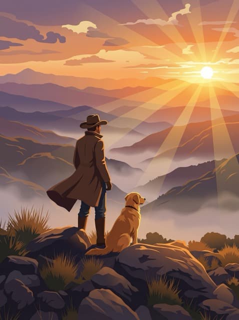 Person and dog overlooking mountains, sunrise, illustration style